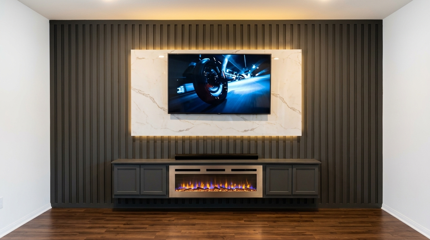 Dark charcoal vertical slat wall with Calacatta marble and electric fireplace
