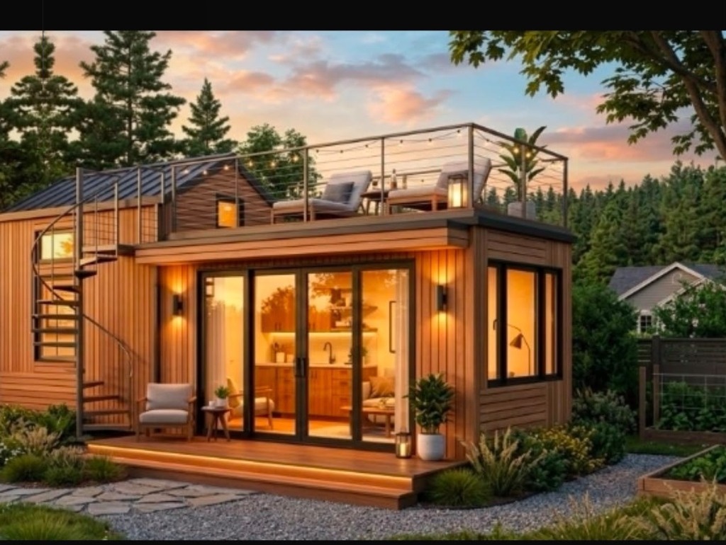 Modern cedar backyard studio and ADU with spiral staircase, rooftop deck, and custom outdoor landscaping