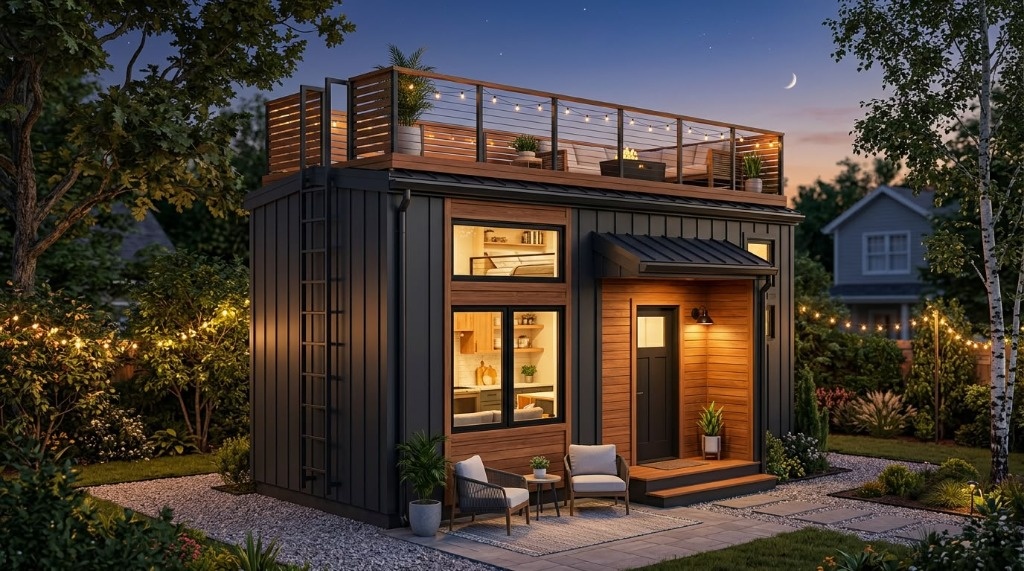 Modern standing-seam black and cedar ADU with rooftop fire pit lounge and evening bistro lighting