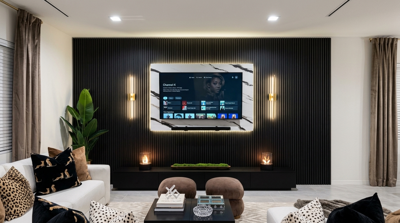 Backlit Calacatta marble and black acoustic slat entertainment center