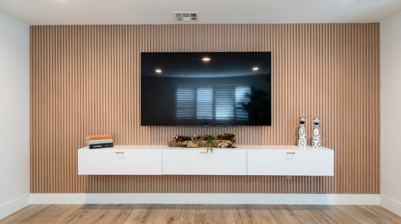 Floor to ceiling natural white oak vertical slat wall with flush TV mount