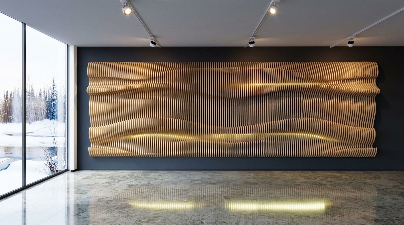 Parametric 3D wooden wave wall sculpture with golden LED lighting